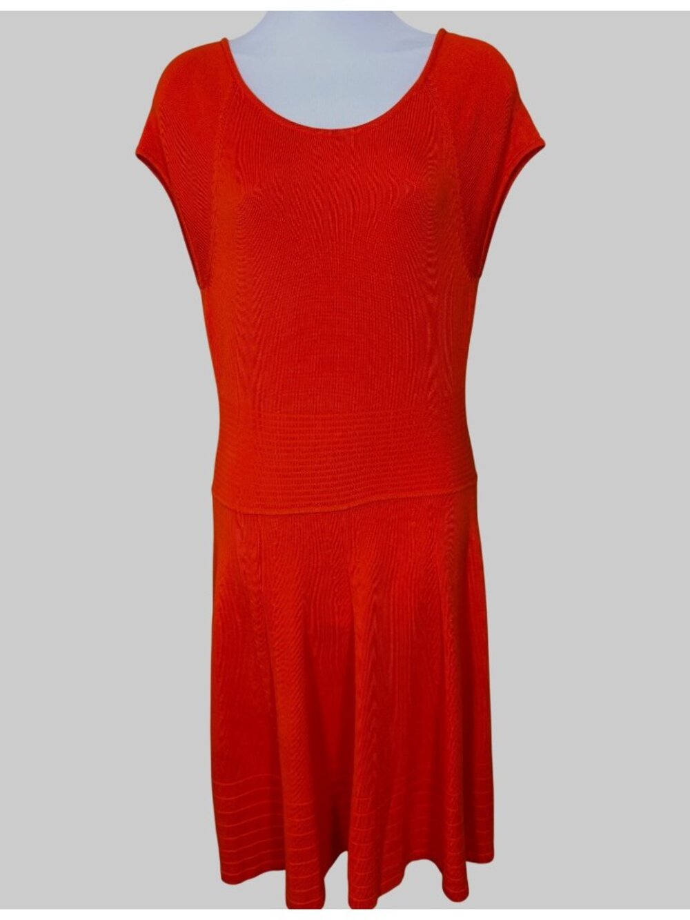 Eliza J Orange Ribbed Knit Cap Sleeve Fit n Flare Dress Scoop Neck Hem Panel 4